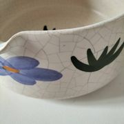 Large antique crackled ceramic fondue pot decorated with blue flowers