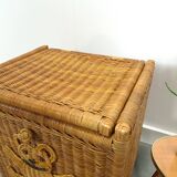 Wicker basket with lid with bear, vintage toy basket