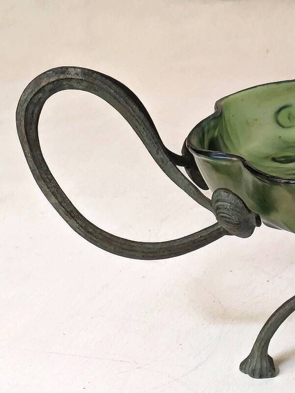 Art Nouveau cup in iridescent glass and bronze-style metal