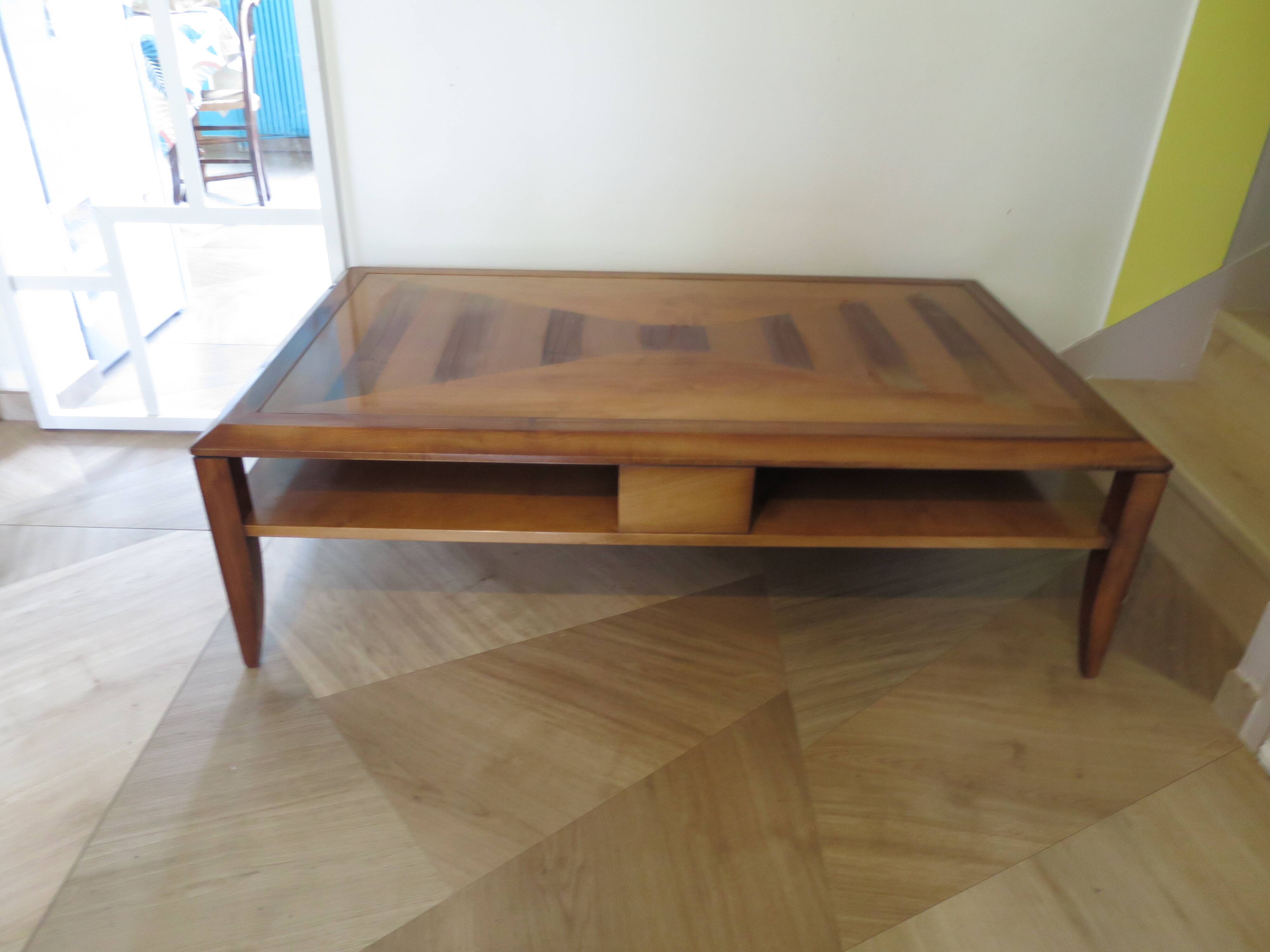 Large coffee table - cherry finish - solid wood - butterfly motifs