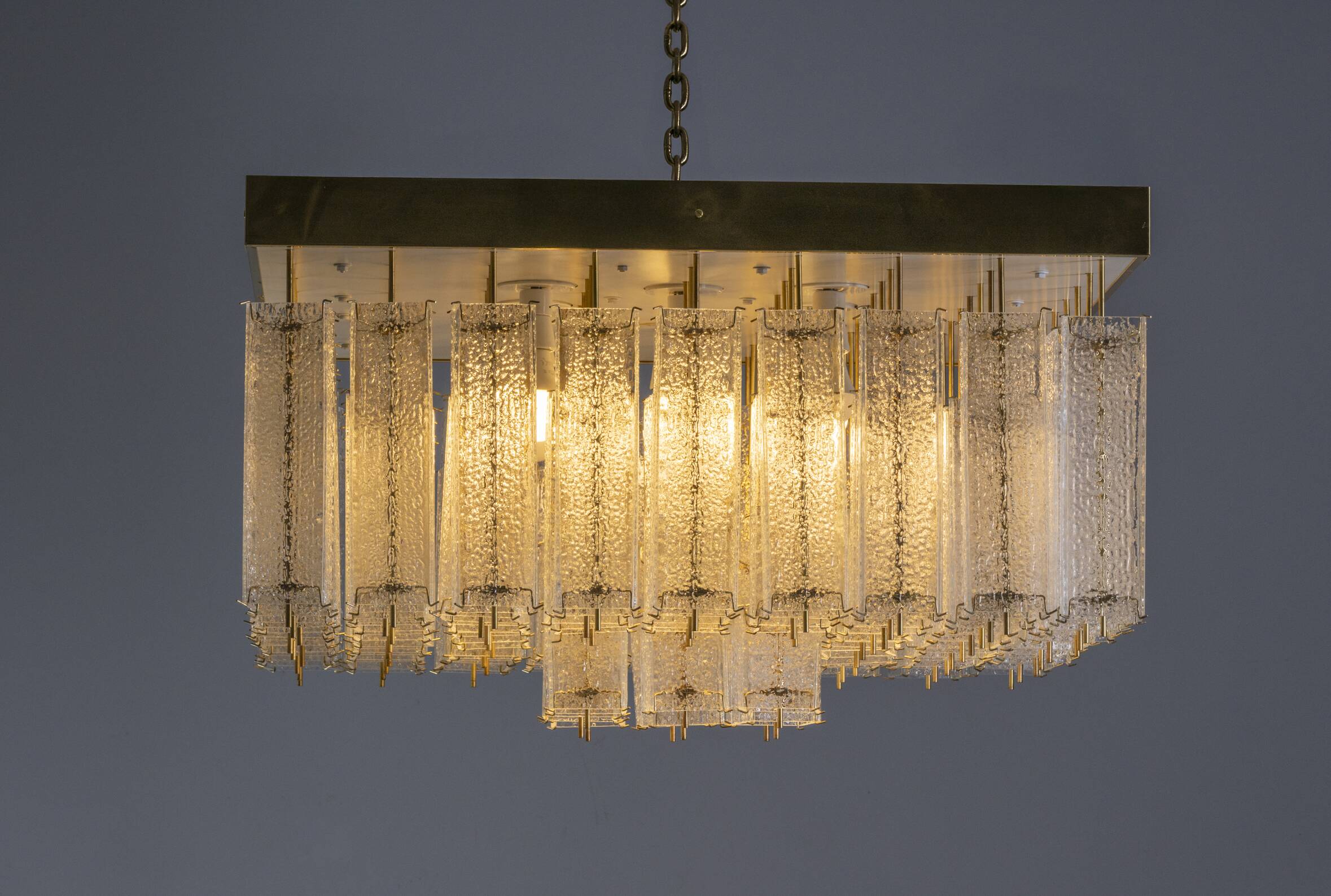Bohemian flush-mount light in textured glass & brass, 1960s