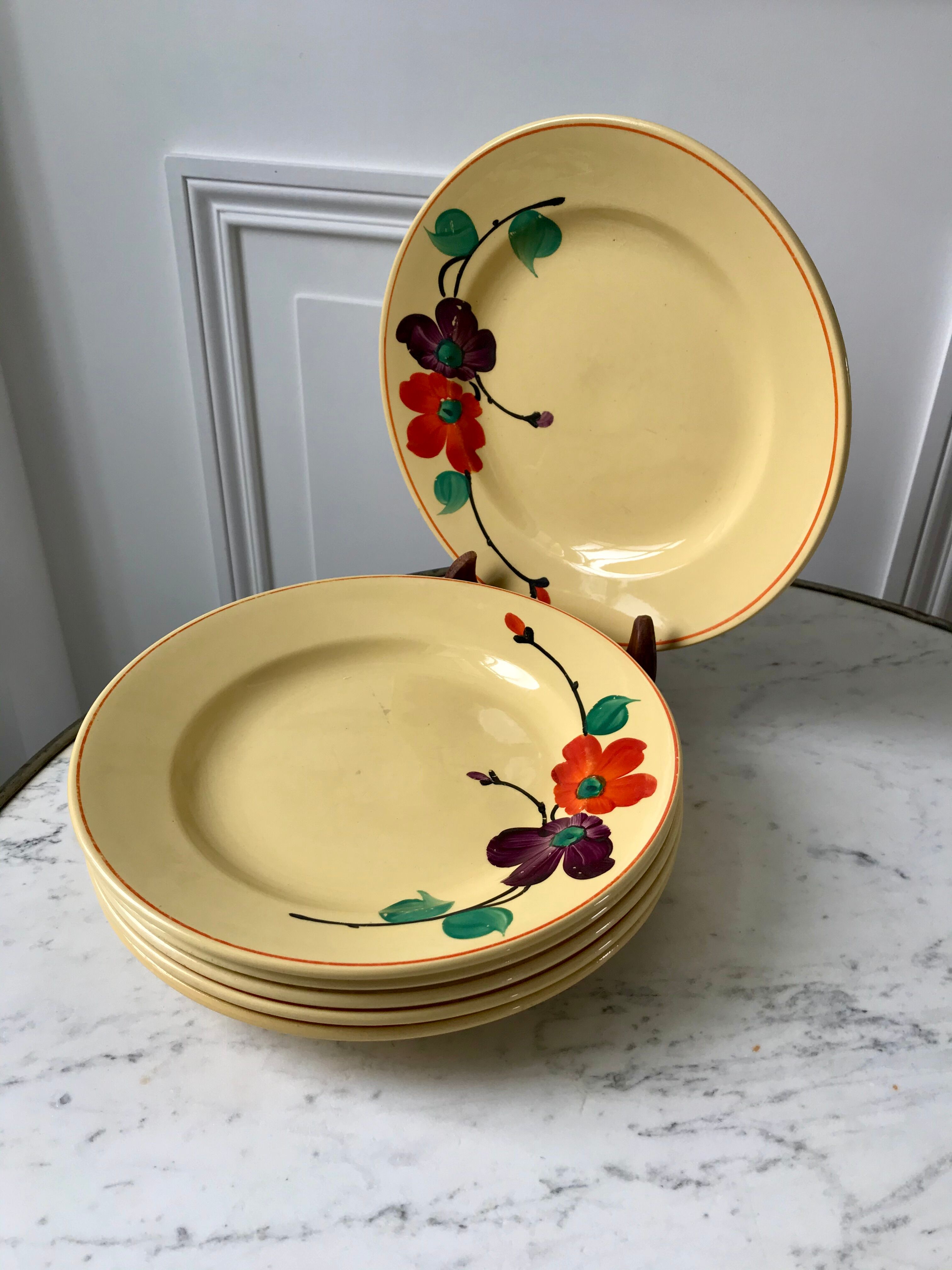 Lot de 6 assiettes plates Digoin Sarreguemines modèle "Ginette" années 30-40