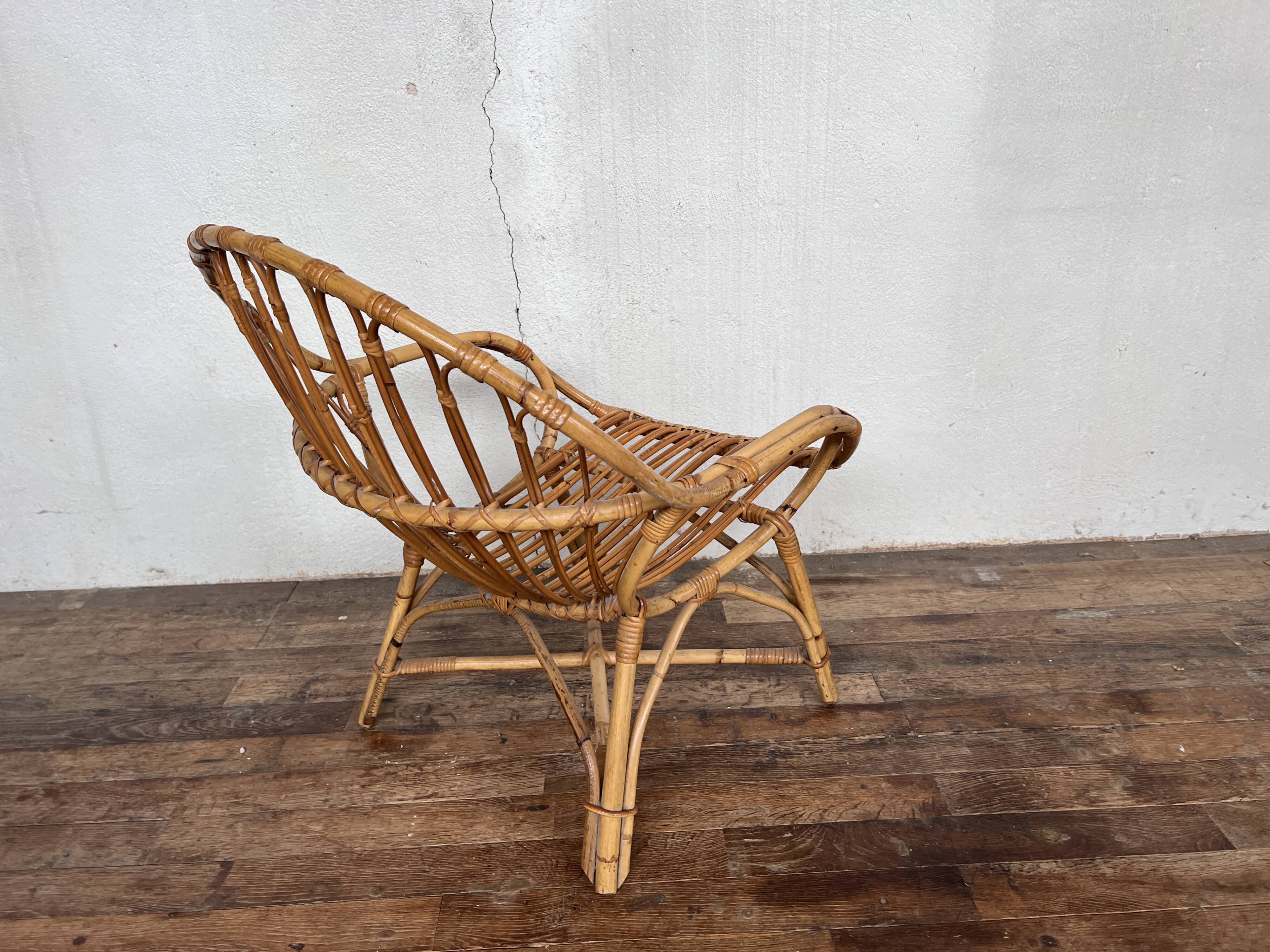 Fauteuil bohème shabby chic en rotin bambou 1950