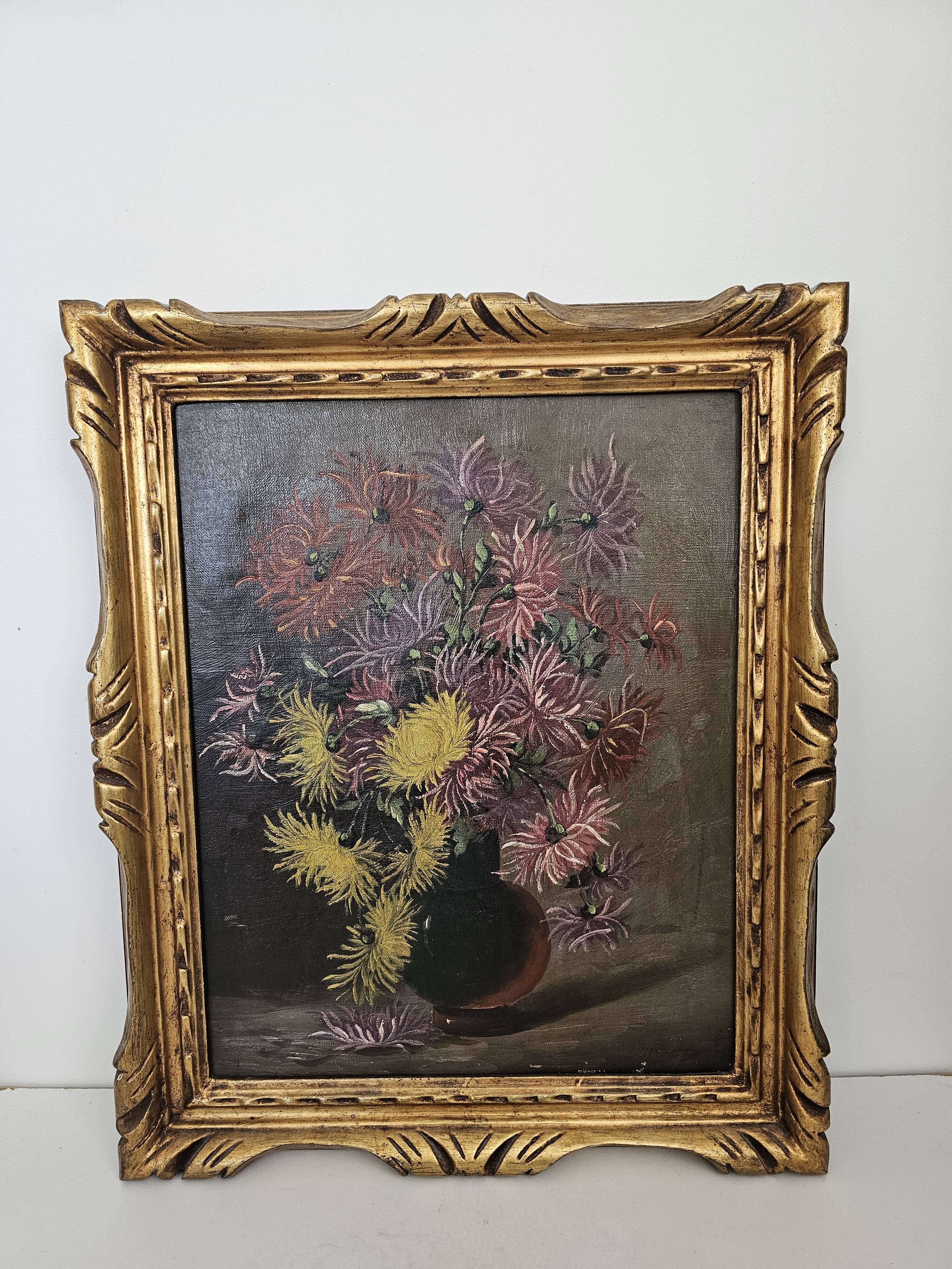 Old Oil on Canvas Painting - Still Life with Bouquet Signed M. G.
