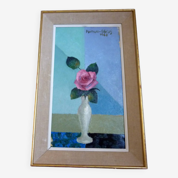 Vintage painting pink flower vase signed Martinez Cabezas listed