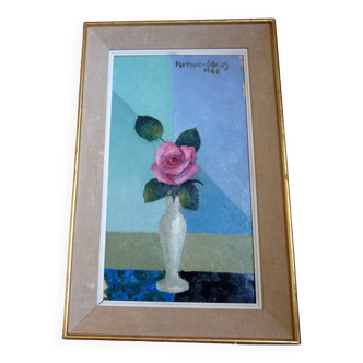 Tableau vintage fleur rose vase signé Martinez Cabezas