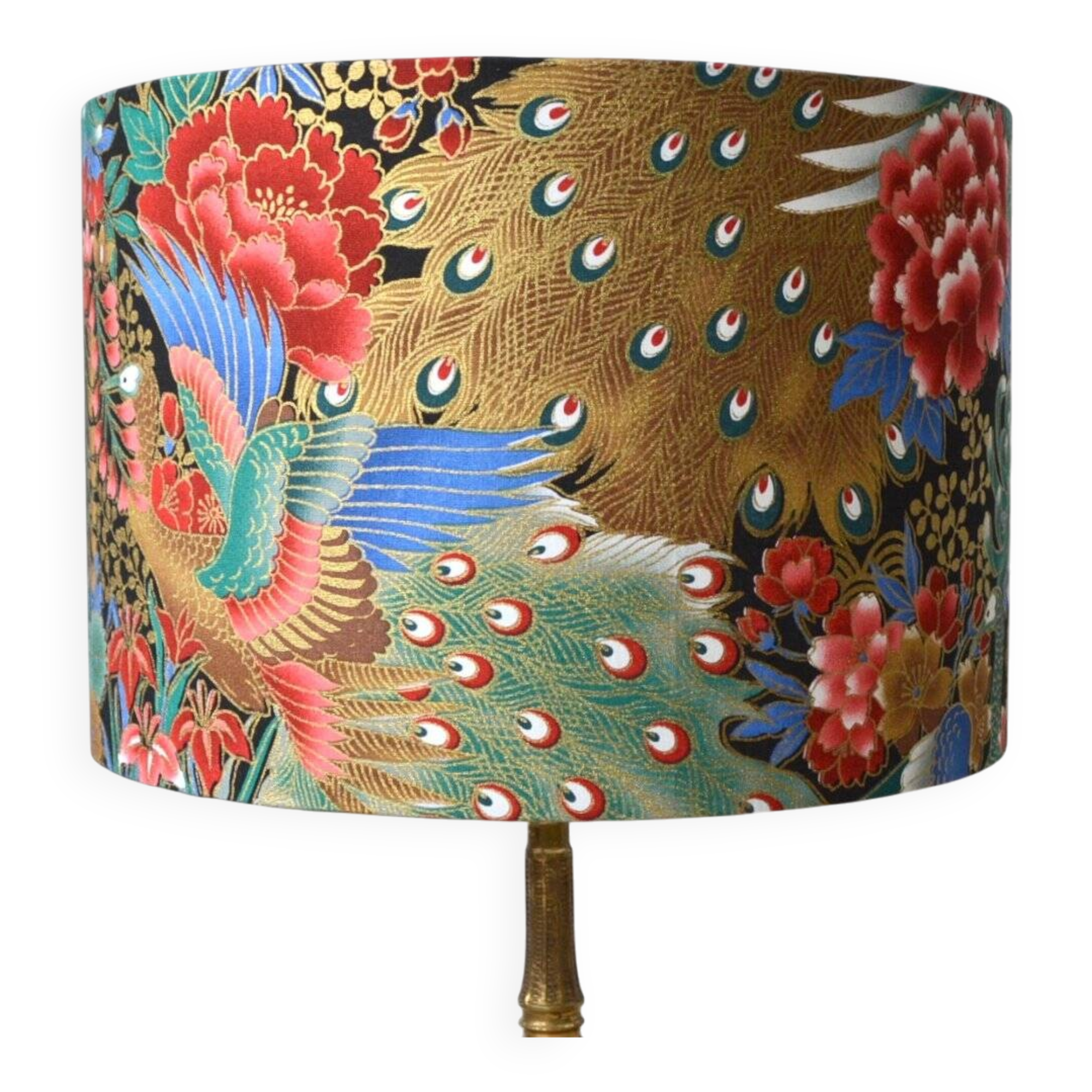Jouy fabric lampshade, peacock, flowers, gold.