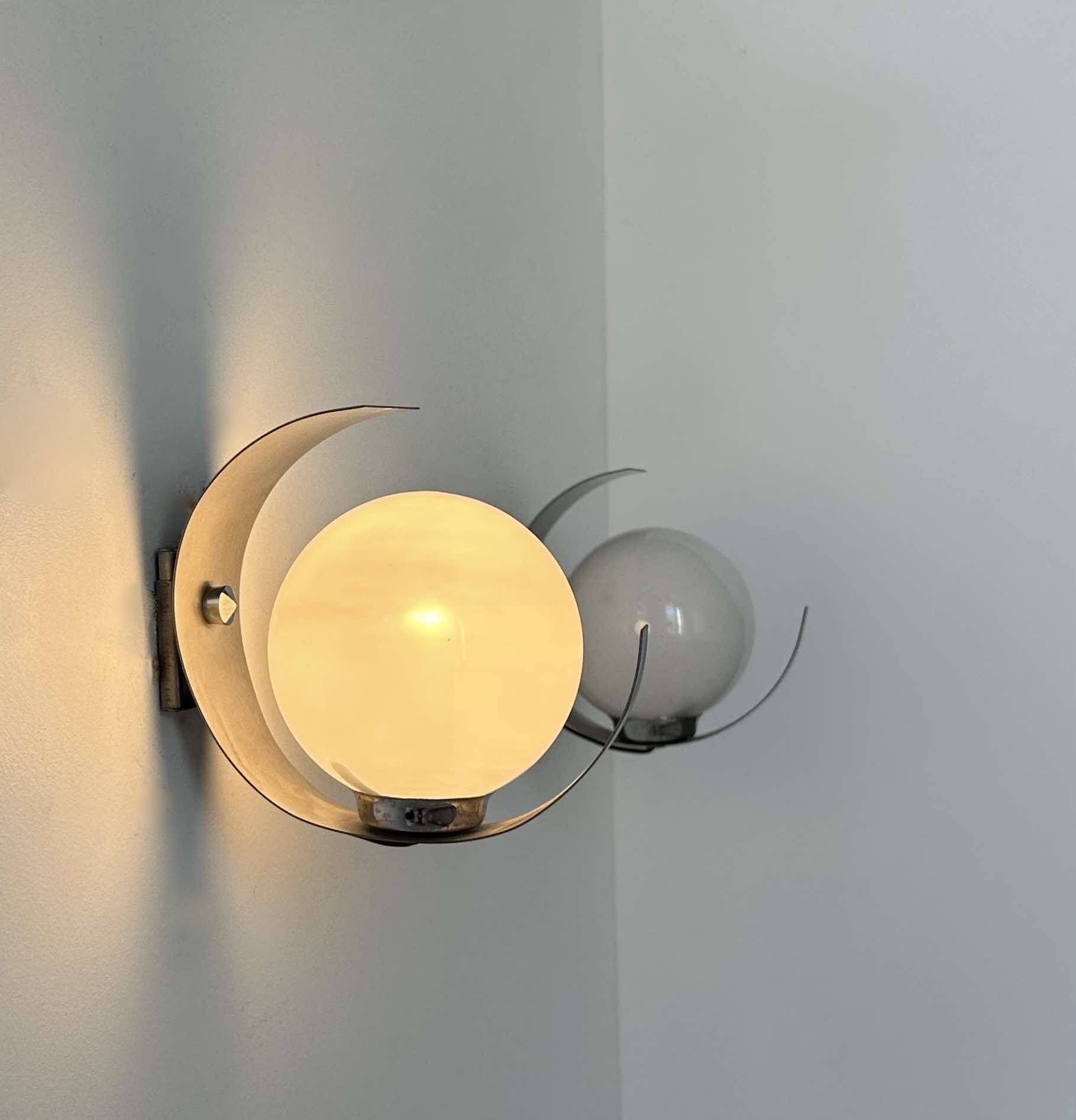 Pair of vintage opaline and chrome wall lights, France 1970