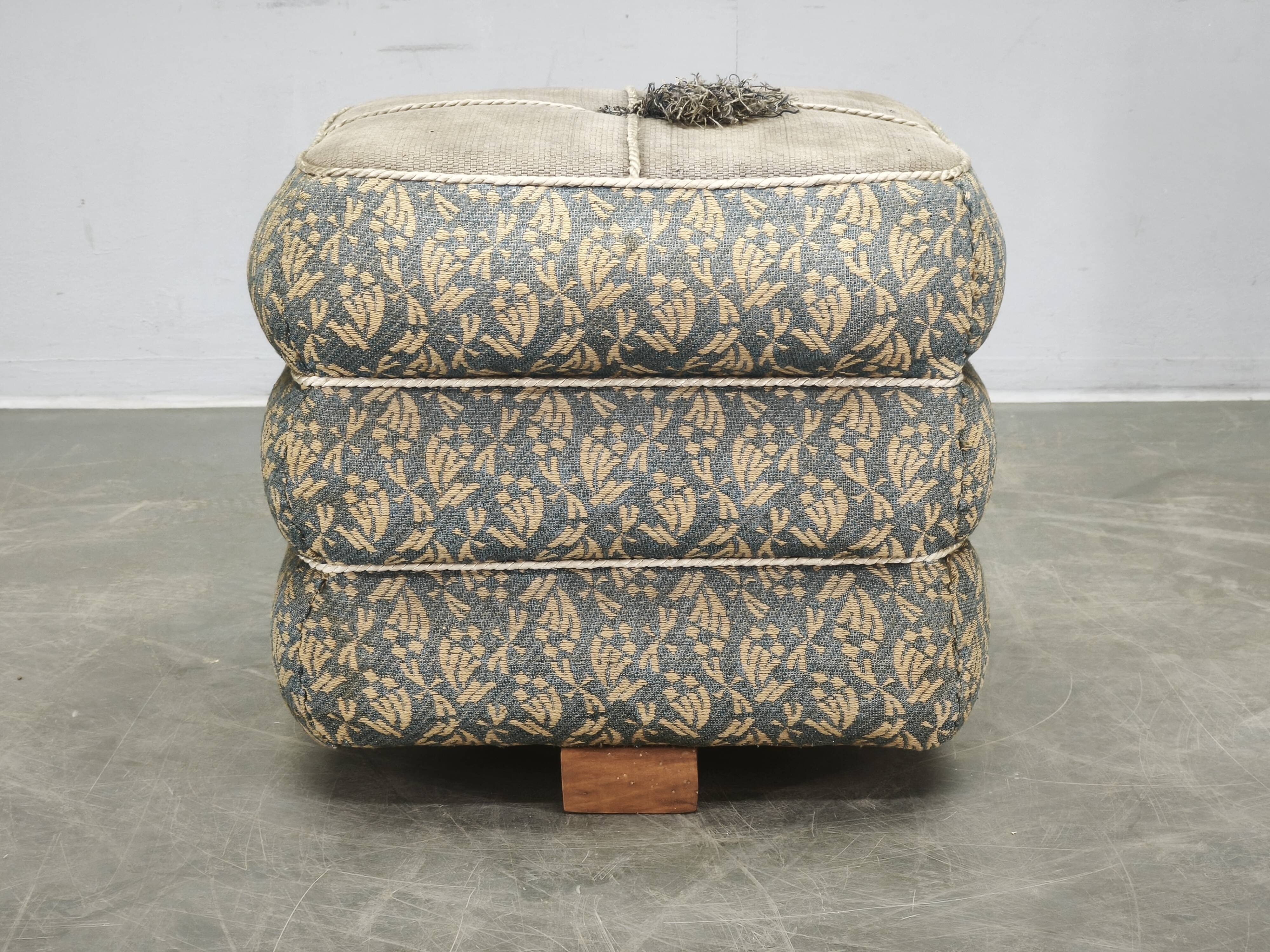 1930s Czech Art Deco Walnut Upholstered Footstool Ottoman