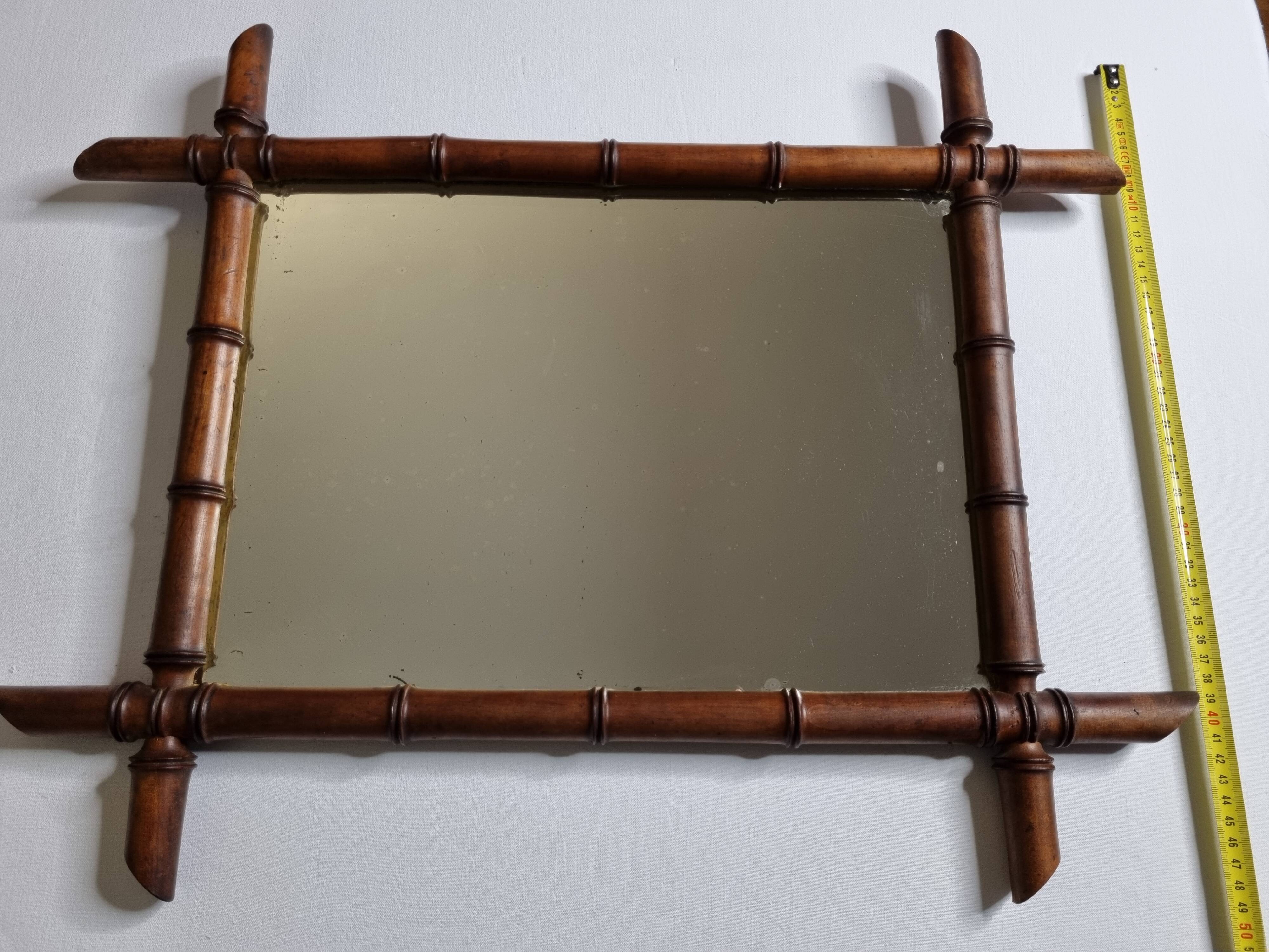 Turned wooden mirror in imitation of bamboo, mid-century, 50 cm x 60 cm