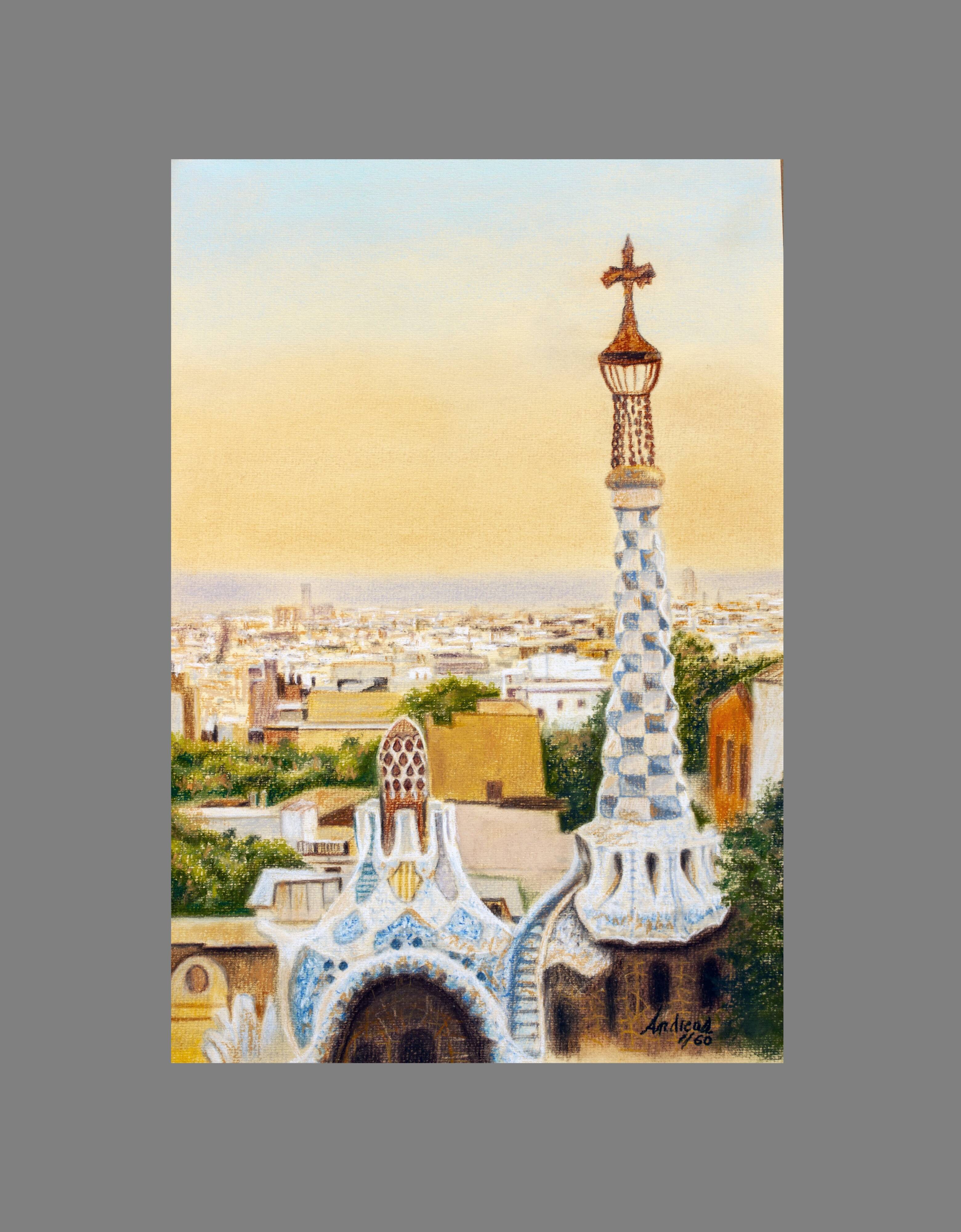 Drawing of Barcelona seen from Park Guell. Barcelona drawing. Barcelona cityscape.