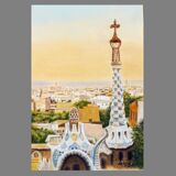 Dessin de barcelone vue du parc guell. dessin de barcelone. paysage urbain de barcelone.