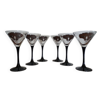 6 verres à cocktails vintage Luminarc France pieds noirs  fleurs argentées