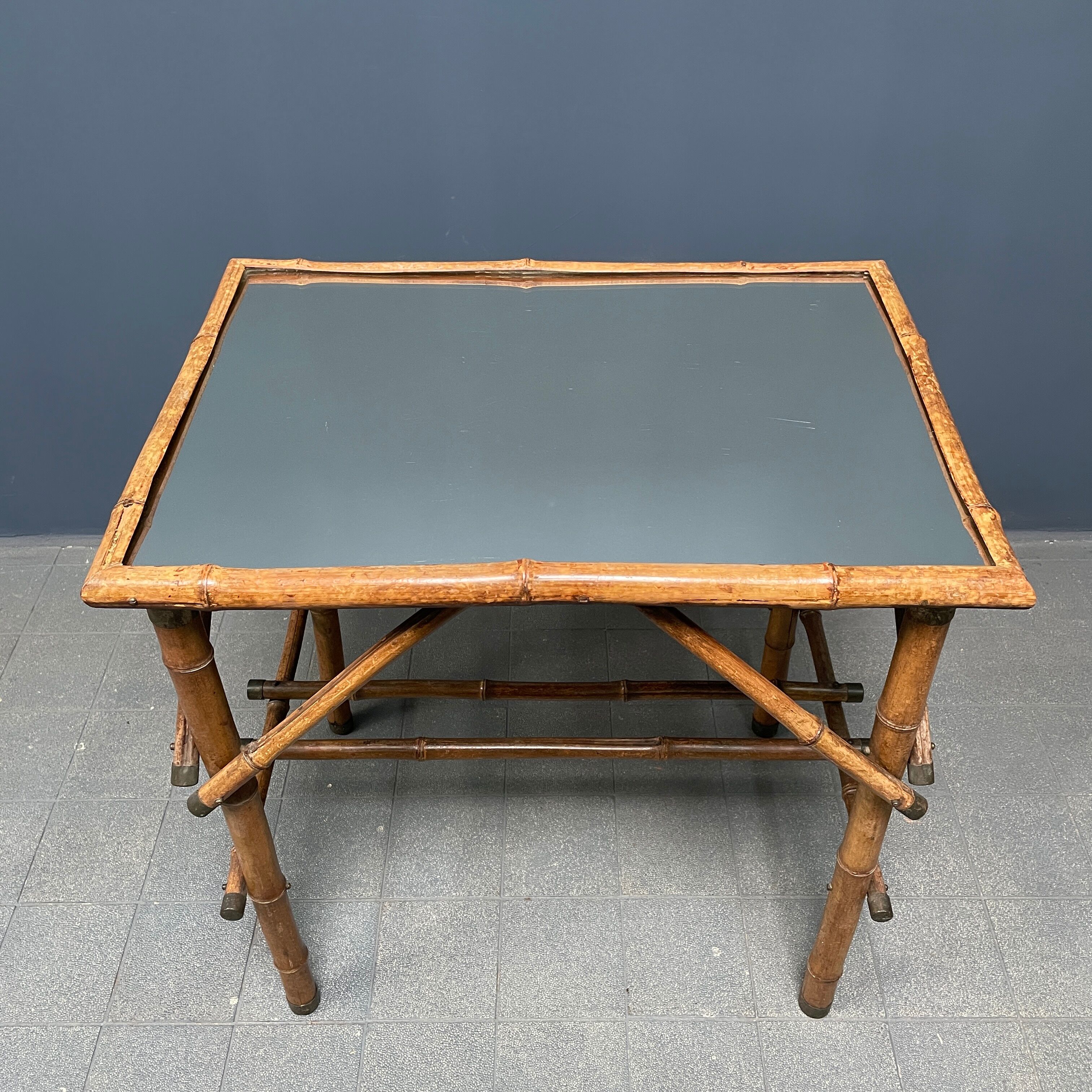 Bamboo side table with mirror top from France, 1940s