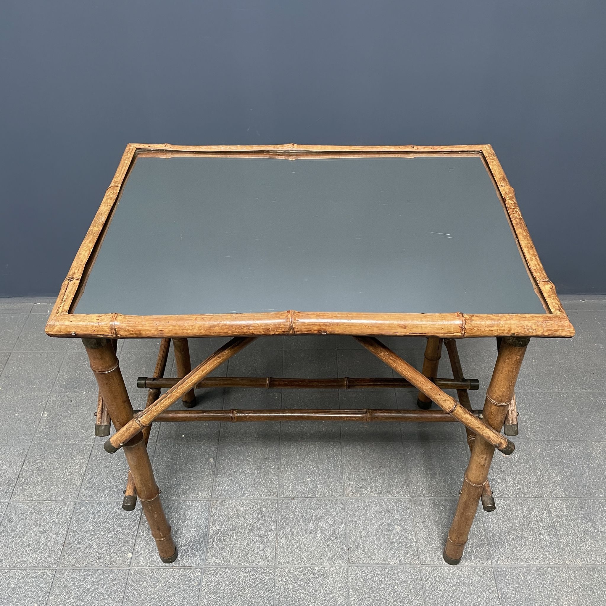 Bamboo side table with mirror top from France, 1940s