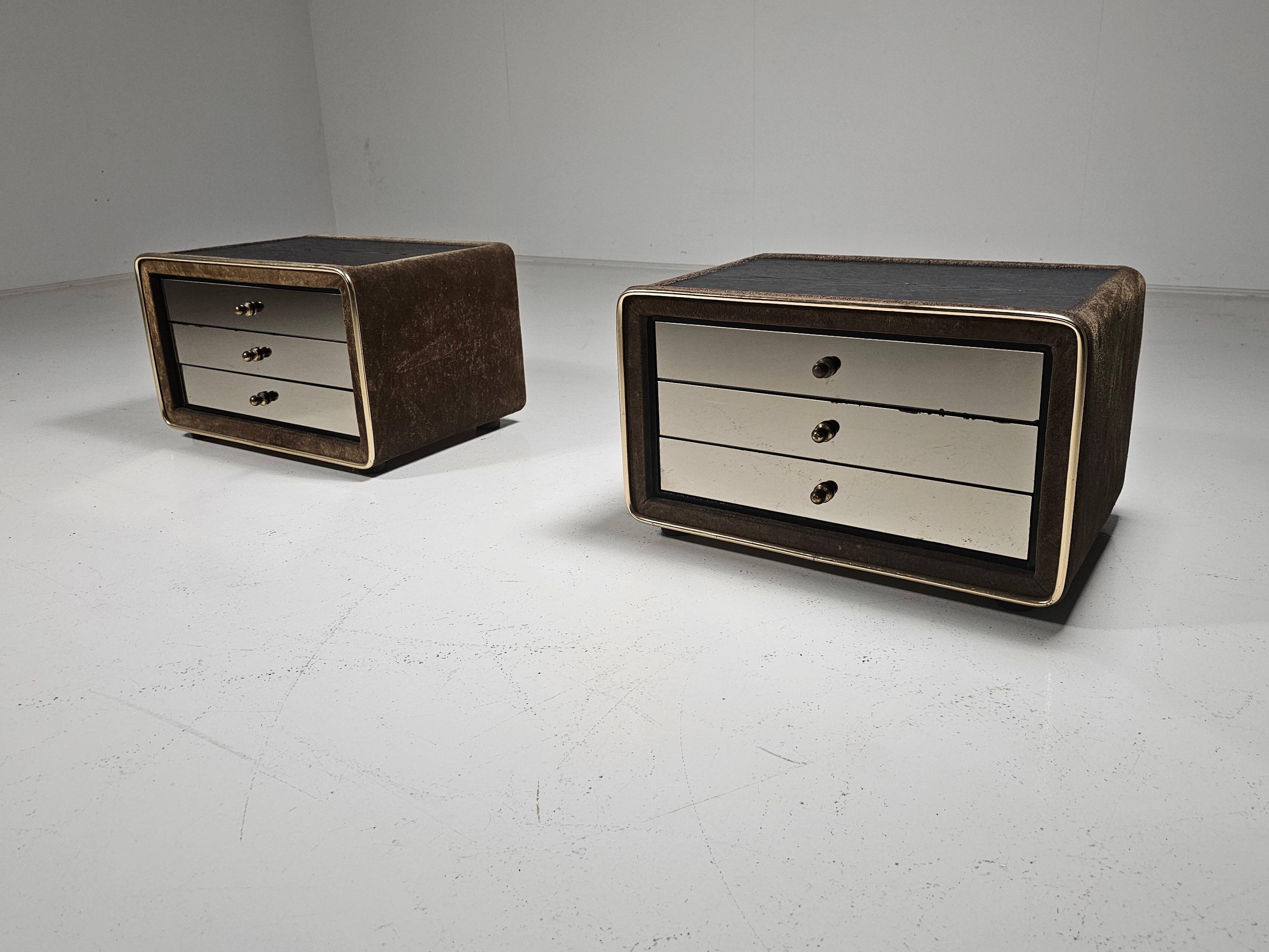 Pair of brass and suede bedside tables by RUF International, 1970.