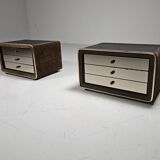 Pair of brass and suede bedside tables by RUF International, 1970.