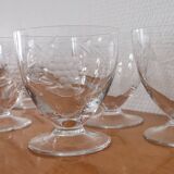 Set of 8 old glasses on base with chiseled decor