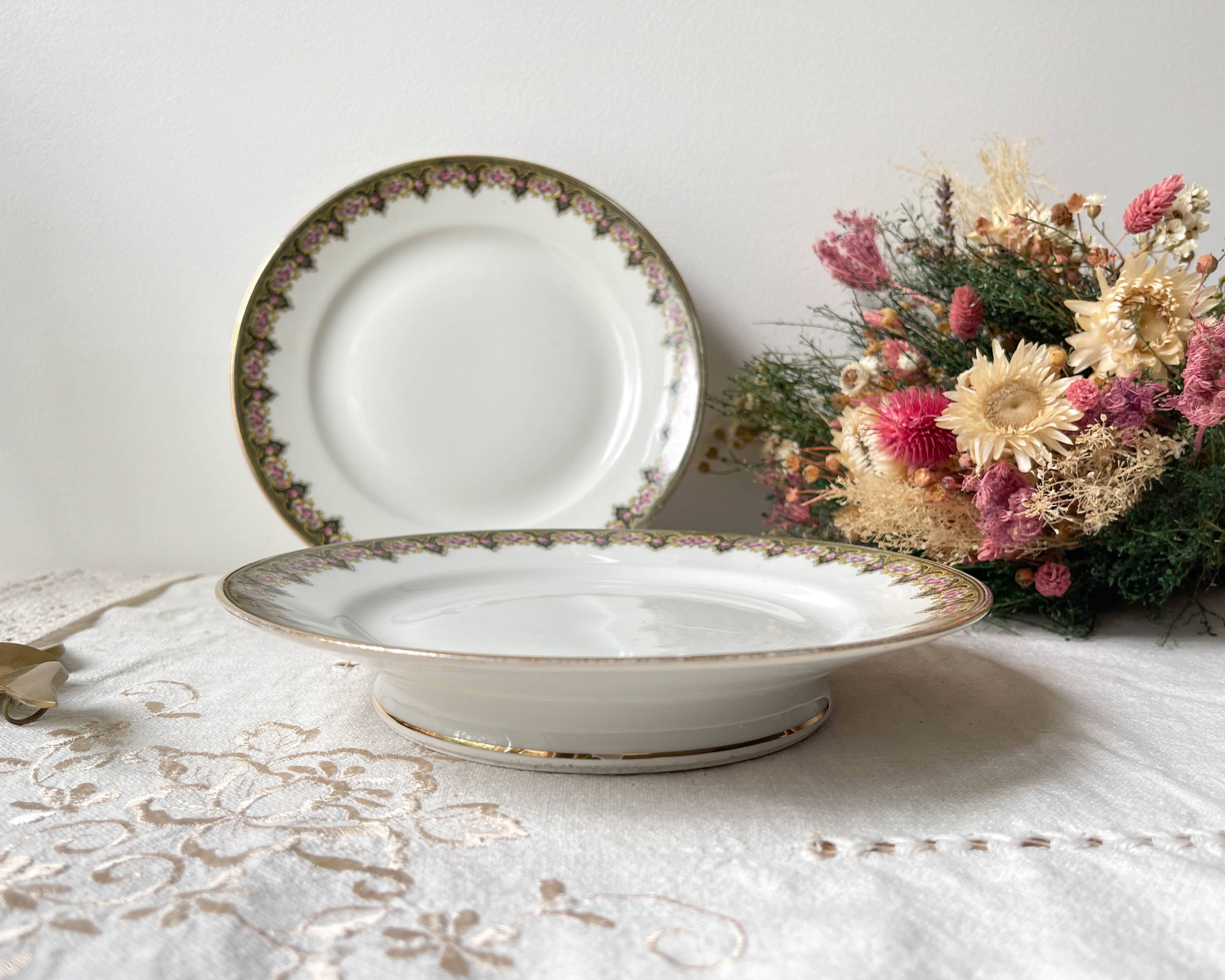 Vintage pedestal dish White porcelain with flowers Made in France