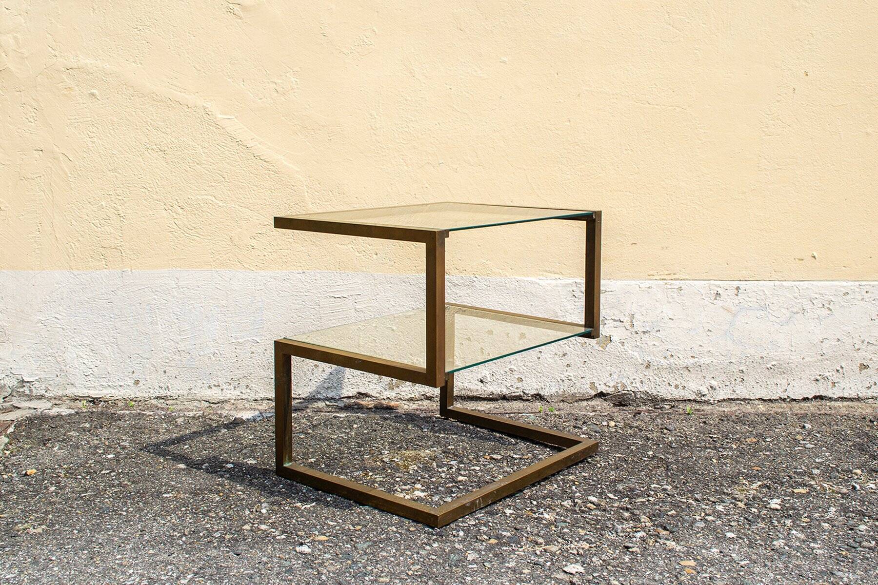 Brass coffee table with double glass shelf, 1970s