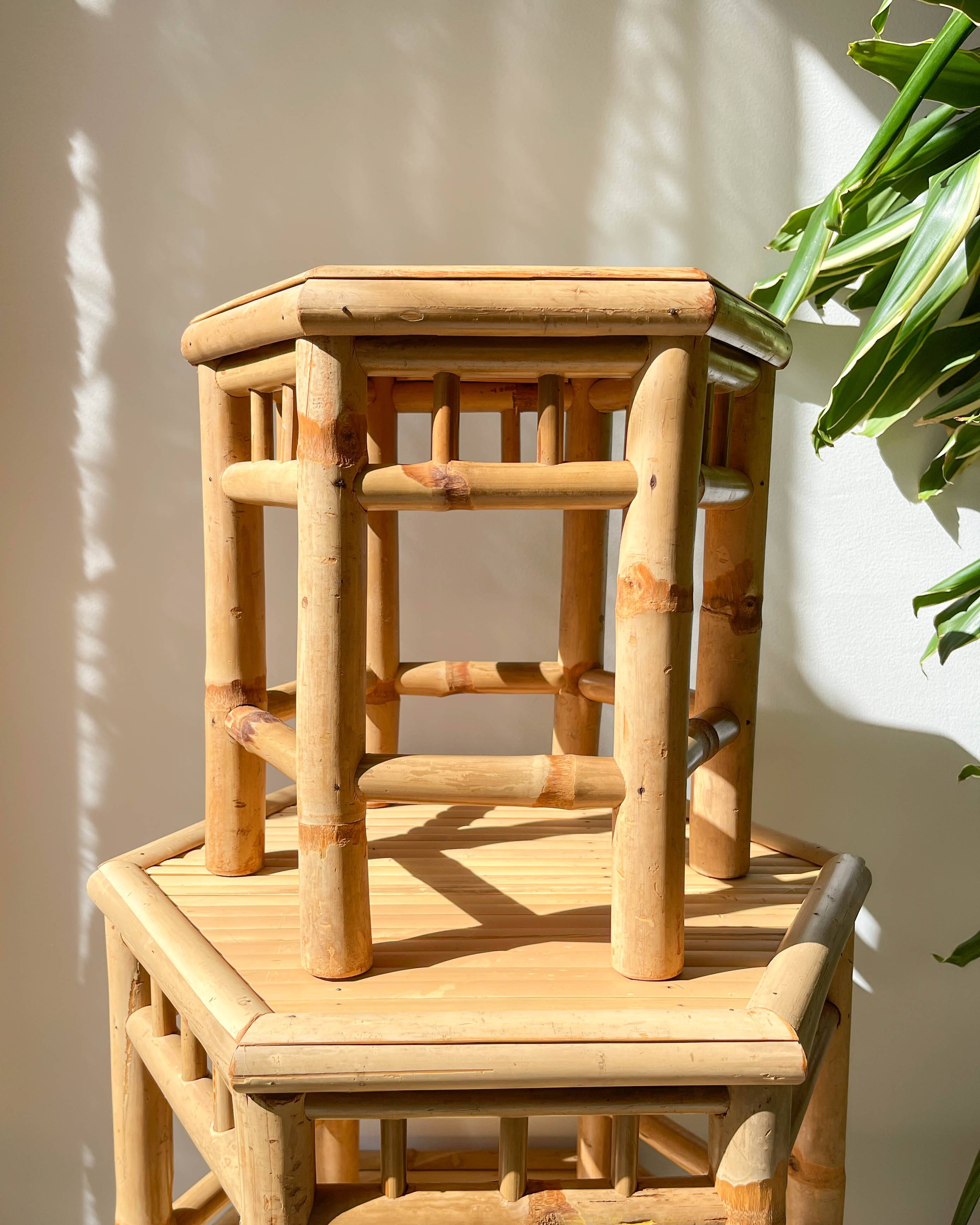 3 Vintage Bamboo Hexagonal Nesting Coffee Tables, 1970s