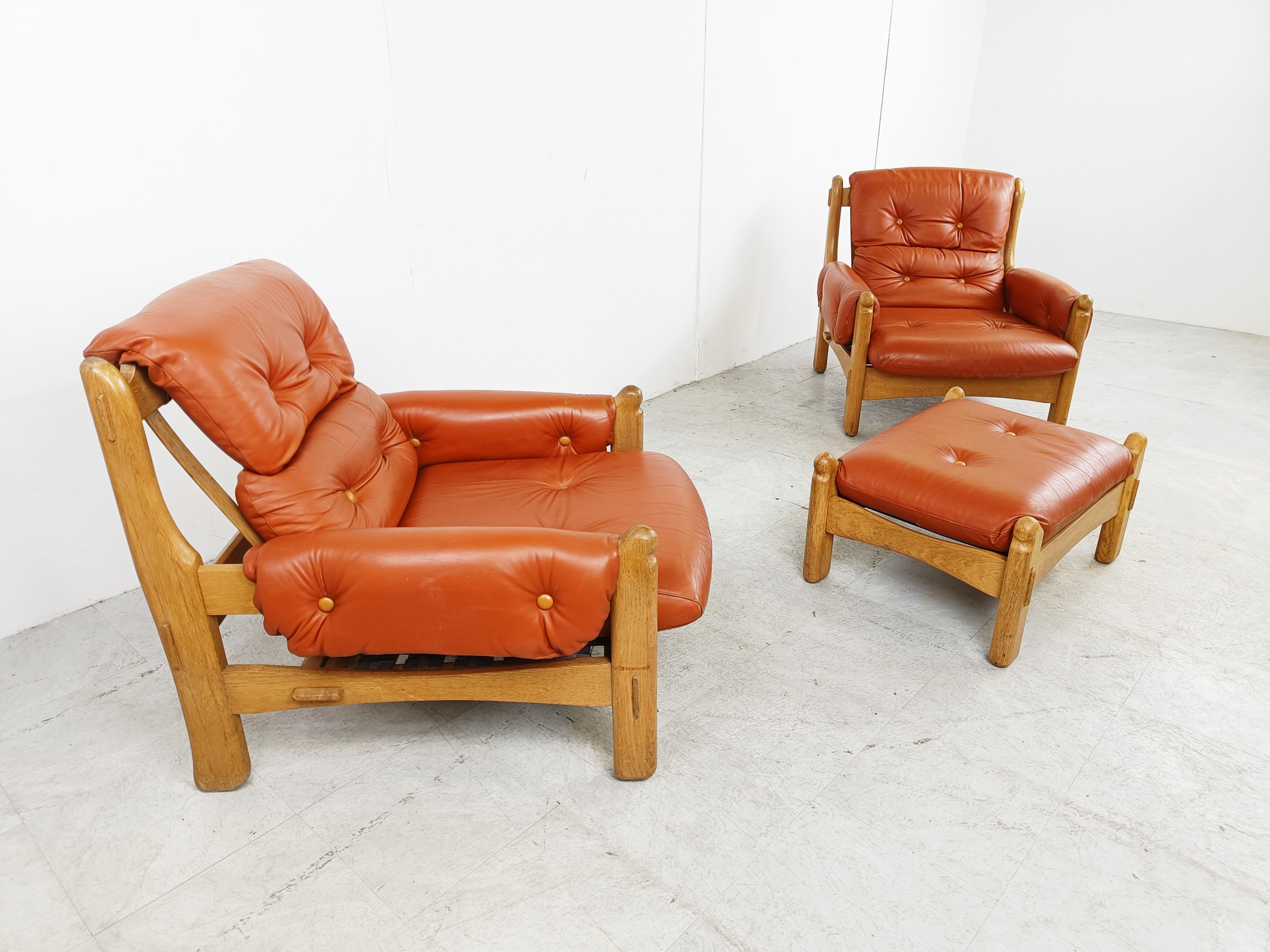 Pair of brutalist leather armchairs, 1960s