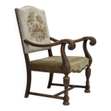 Fauteuil danois à dossier haut des années 1950, en laine tissée à la main, velours, bois de chêne sculpté.