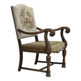Fauteuil danois à dossier haut des années 1950, en laine tissée à la main, velours, bois de chêne sculpté.