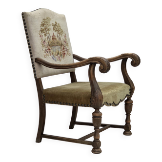 1950s, Danish highback armchair, hand woven wool, velour, carved oak wood.