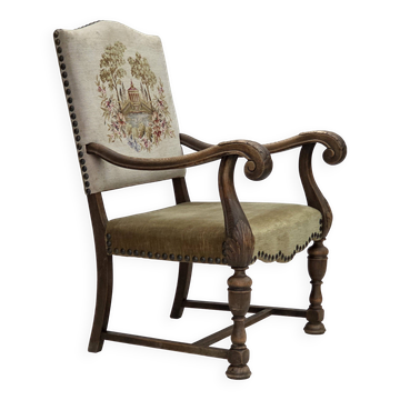 1950s, Danish highback armchair, hand woven wool, velour, carved oak wood.