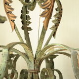 8-branch wrought iron chandelier with gray-green patina and antique gilding