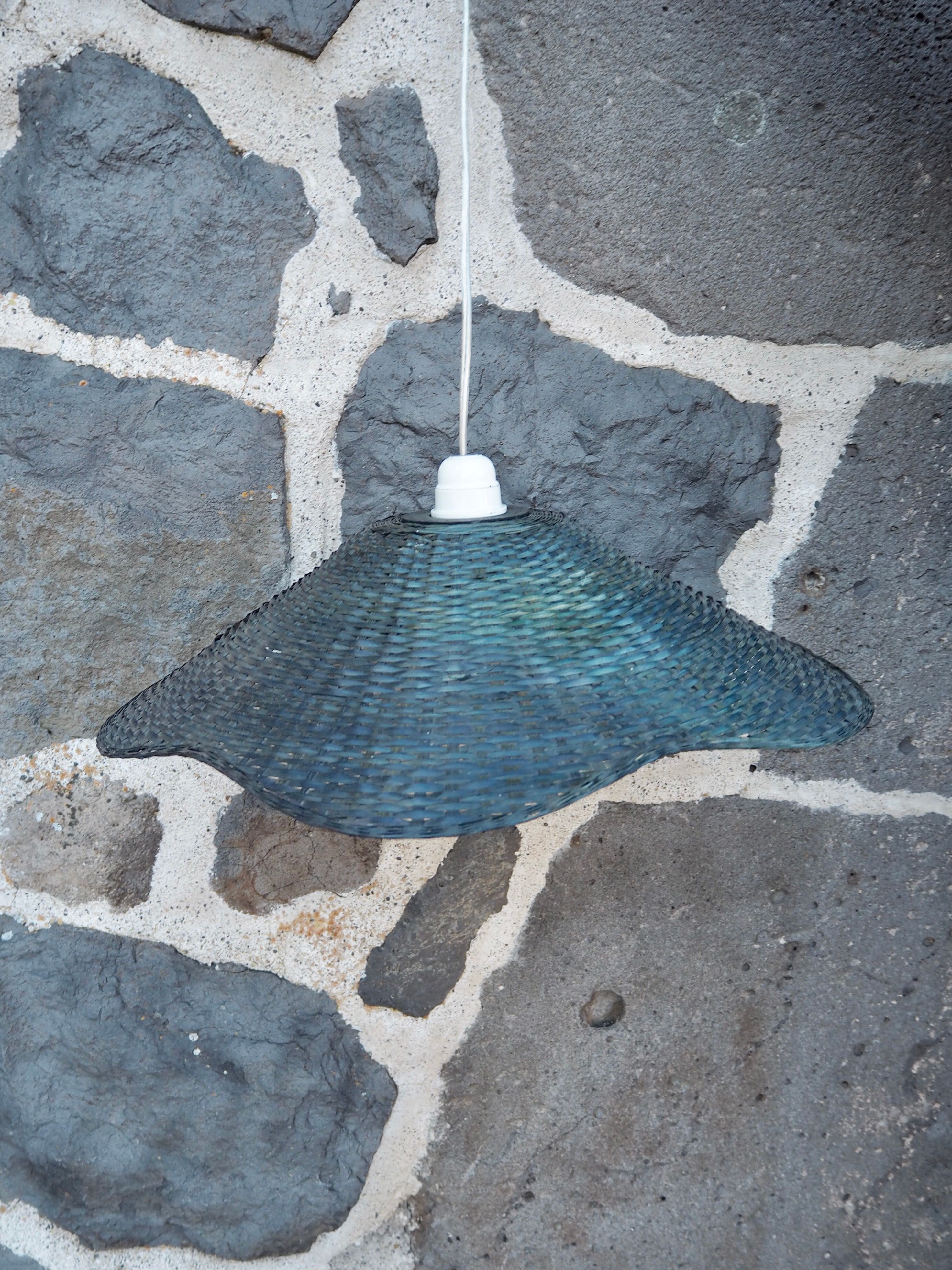 Blue wicker flower pendant lamp