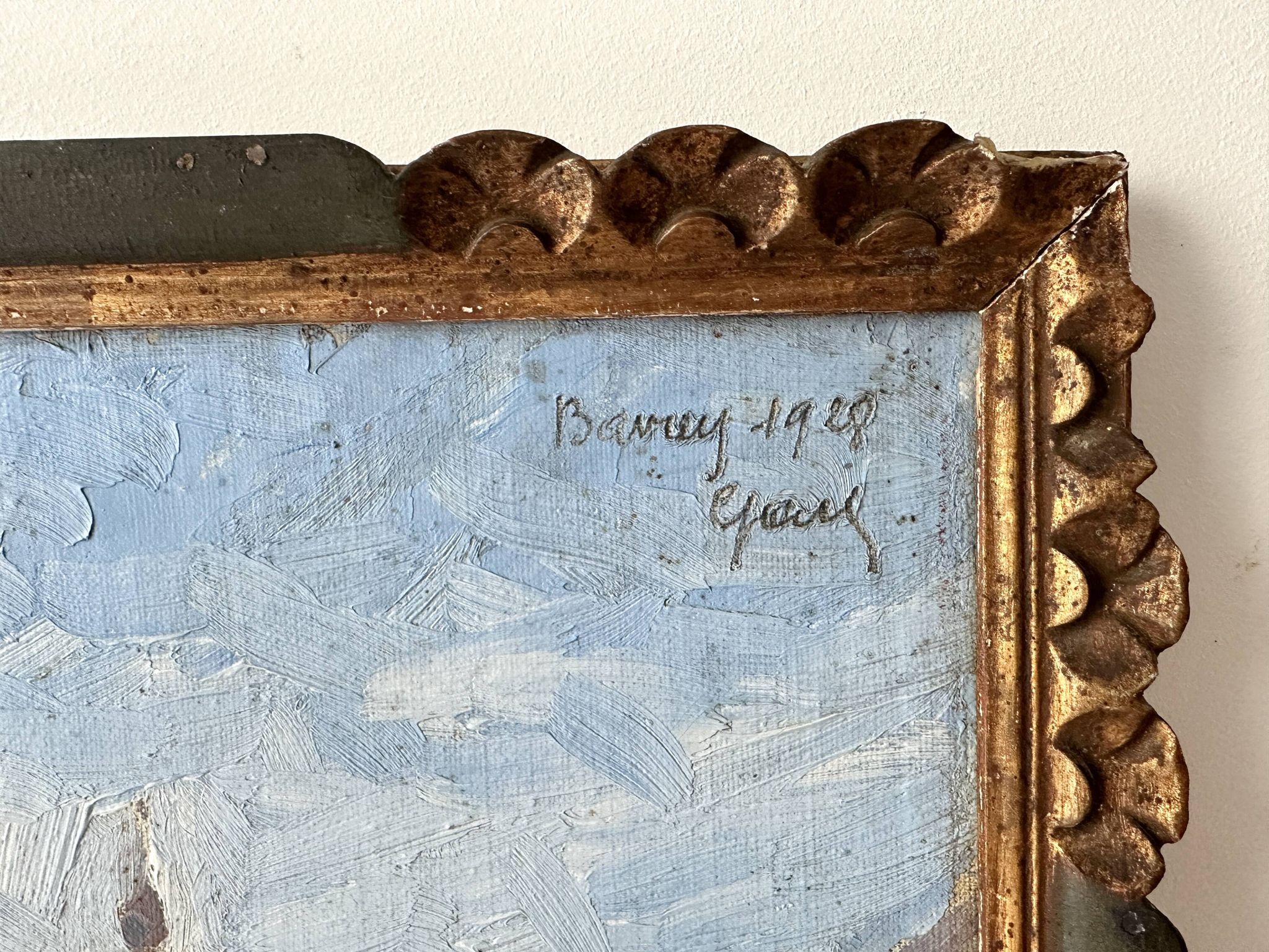 Oil on canvas of a French village "Bavay" 1928, landscape signed and framed.