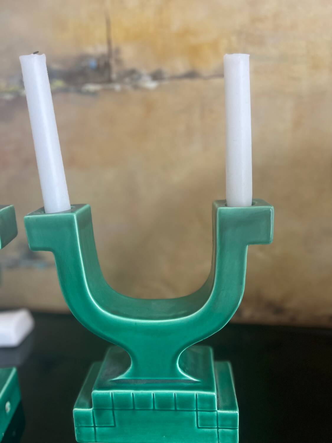 Set of 2 Art Deco candlesticks in green earthenware