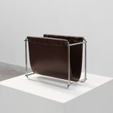 Vintage Magazine rack in chrome and faux leather, France 1960s