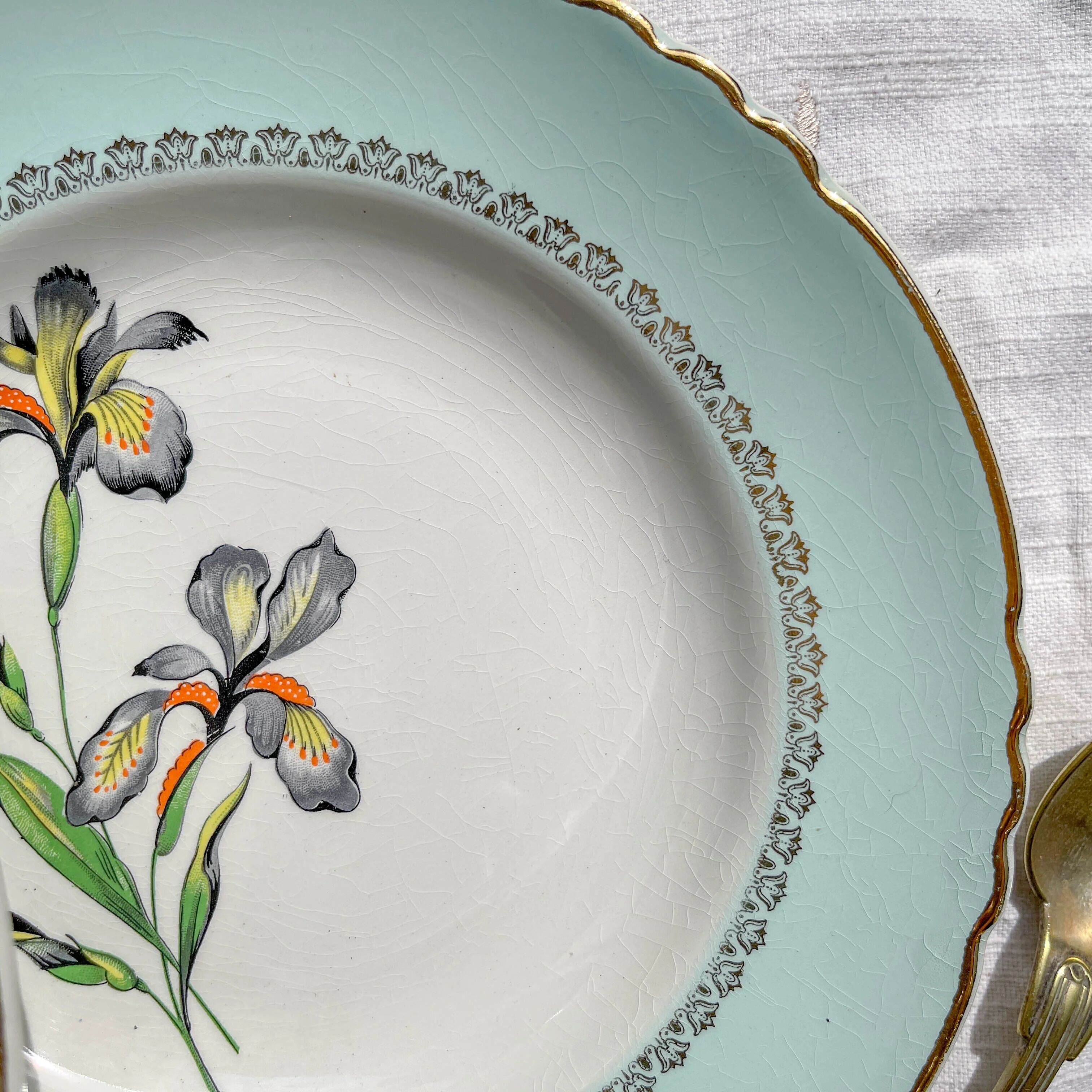 6 vintage white and green porcelain soup plates Iris Moulin des Loups "Sargosse" 1950s