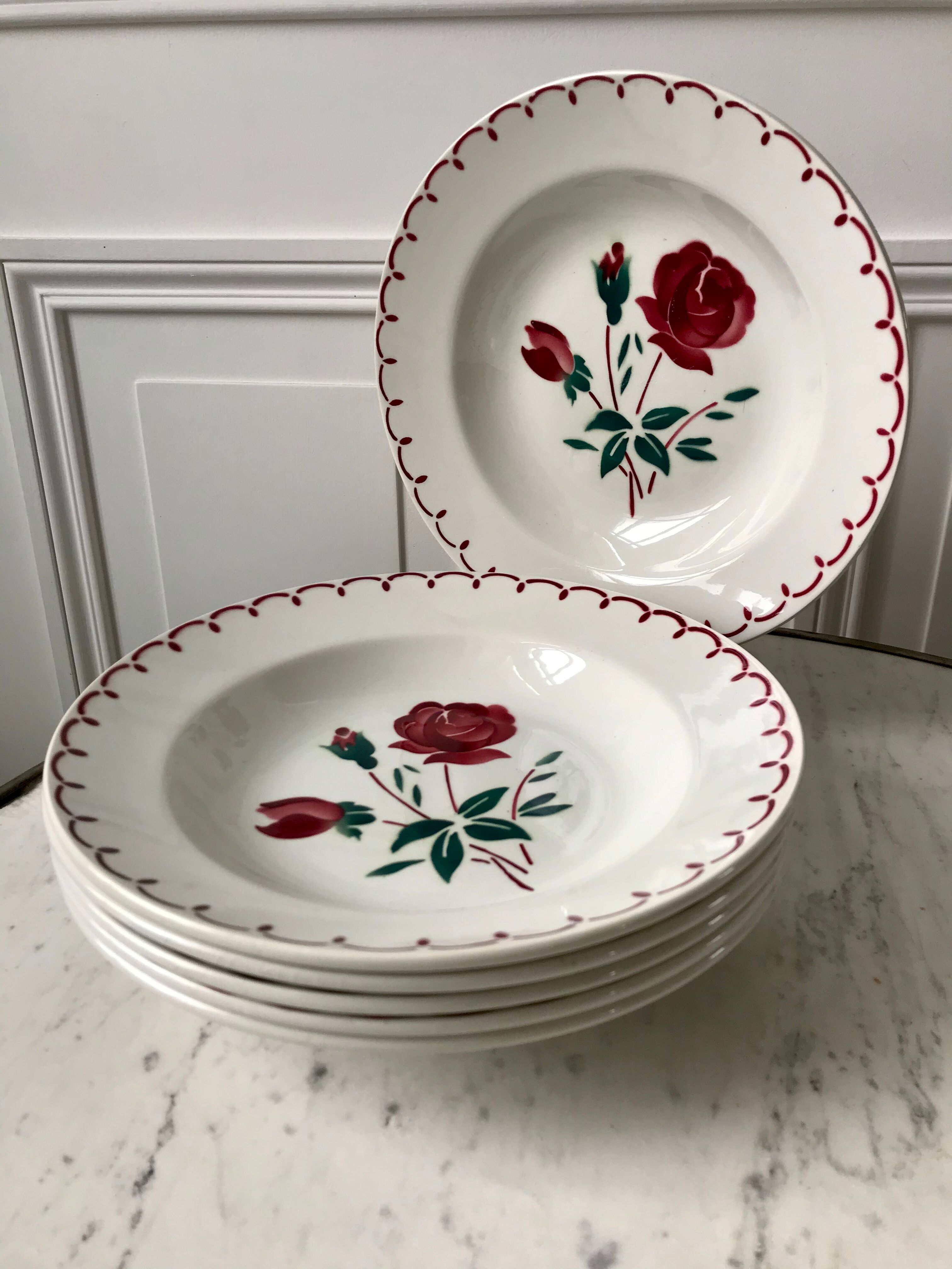 Set of 6 hollow plates Badonviller model pinks 30s