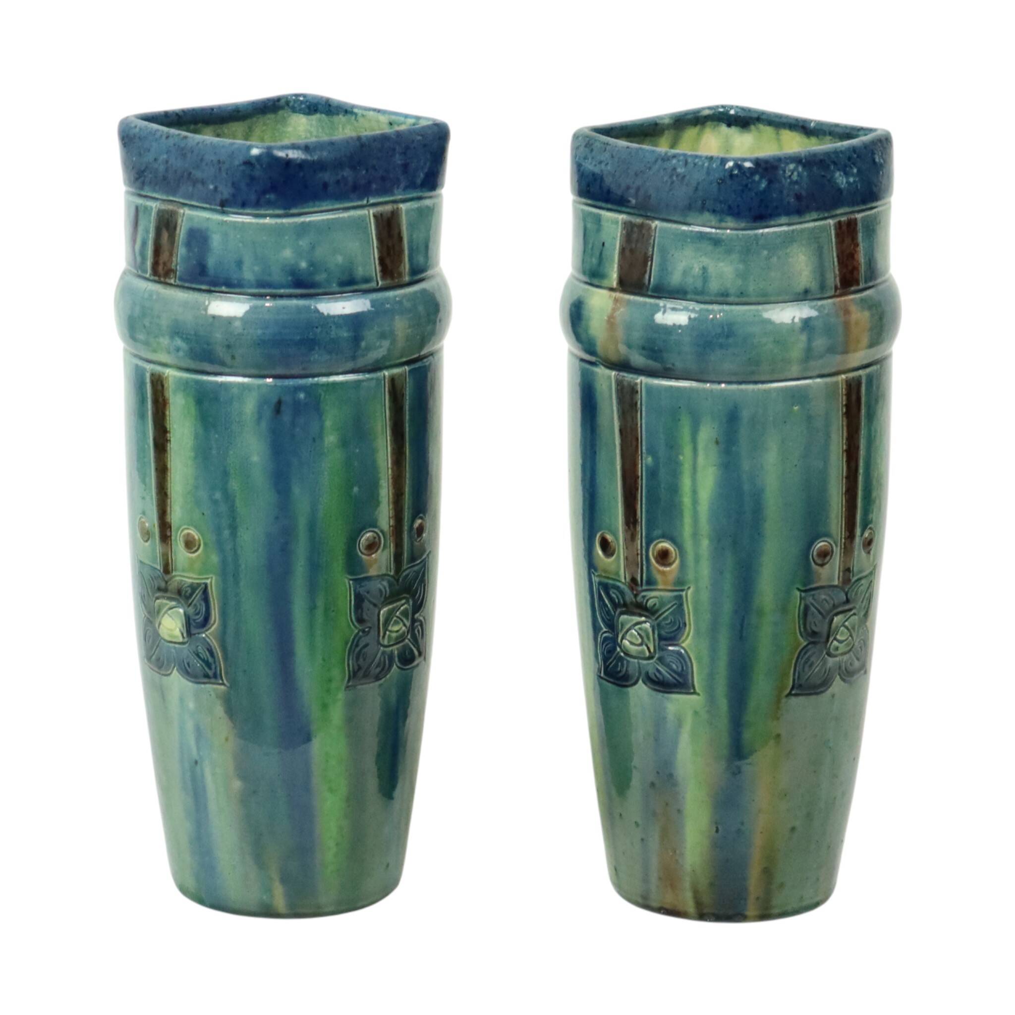 Pair of Blue Art Nouveau Vases Flemish Pottery Antiques