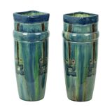 Pair of Blue Art Nouveau Vases Flemish Pottery Antiques