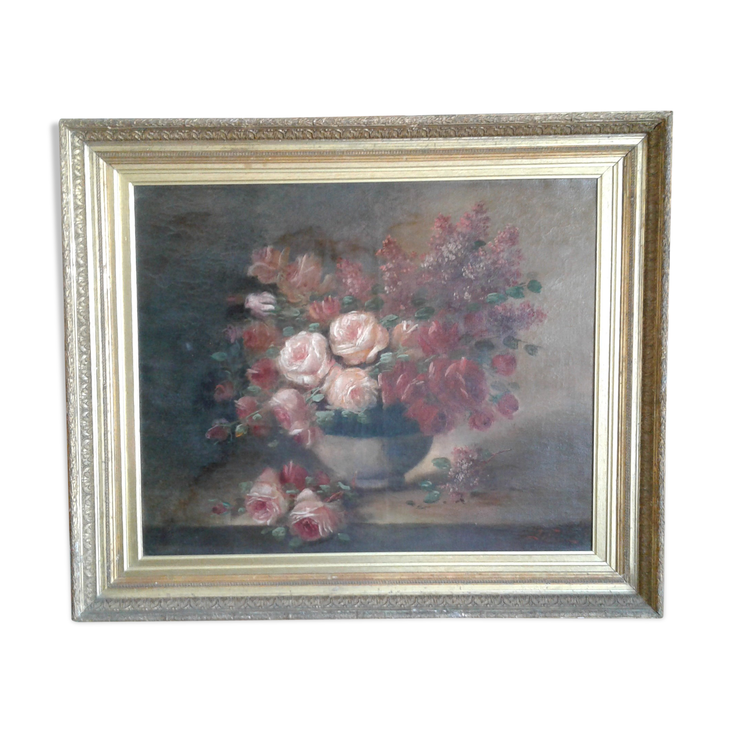 Painting still life with bouquet of roses and lilacs