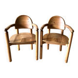 Pair of vintage brutalist armchairs in solid pine by Rainer Daumiller