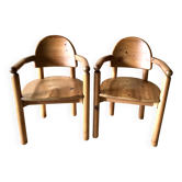 Pair of vintage brutalist armchairs in solid pine by Rainer Daumiller