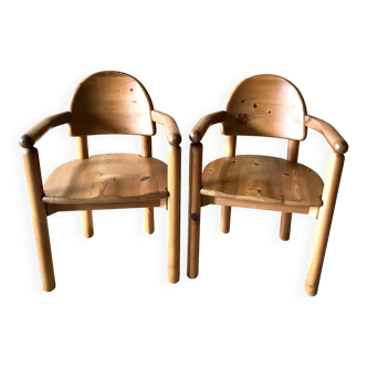 Pair of vintage brutalist armchairs in solid pine by Rainer Daumiller