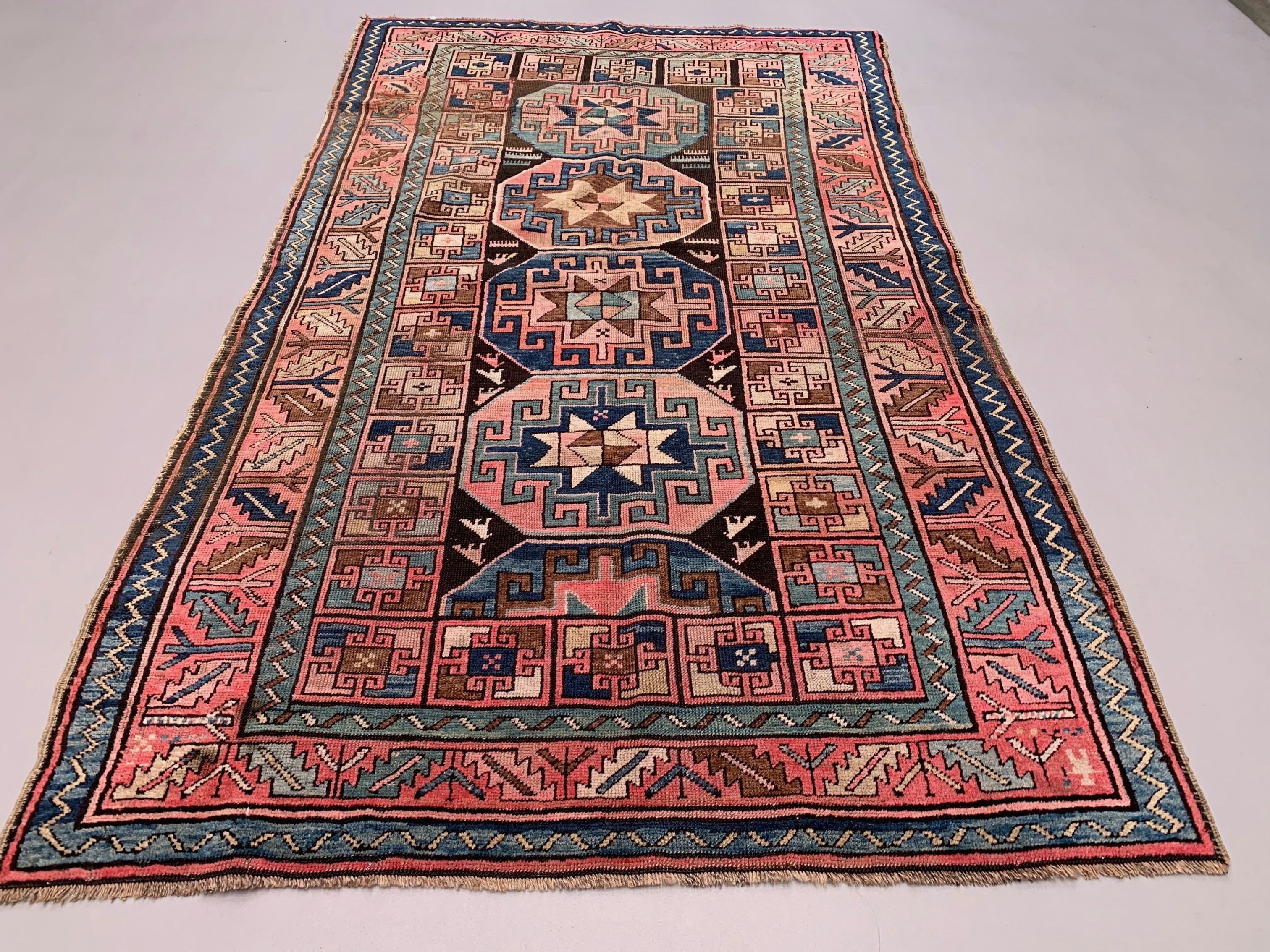 Old Turkish Kazak Rug 226x135 cm vintage tribal carpet, Red and Blue Large