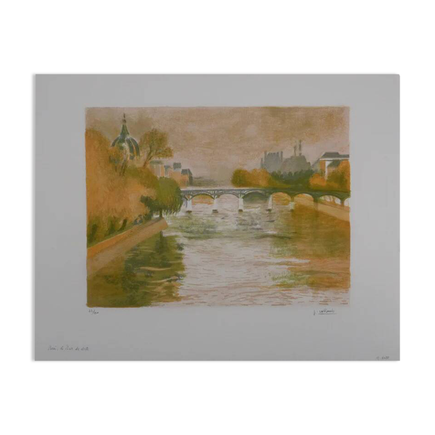 Paul COLLOMB: Paris, The Pont des Arts, signed original lithograph