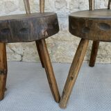Suite of 4 tripod chairs, trunk seats, solid wood