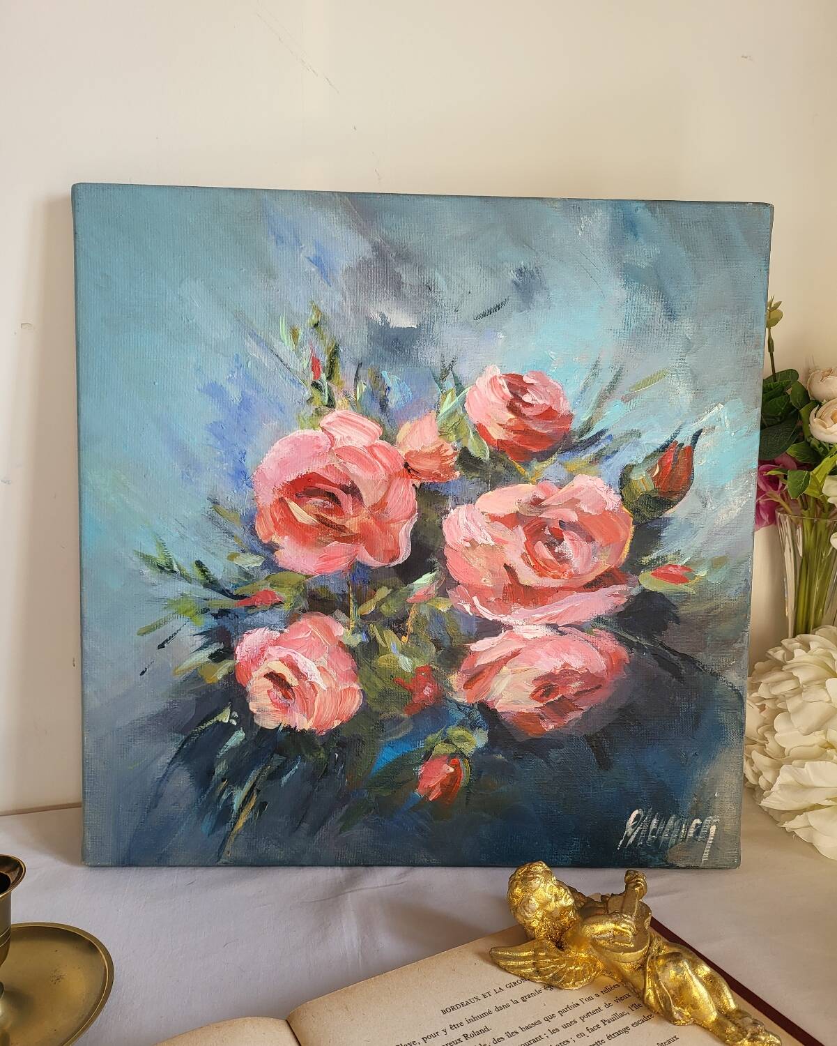 Oil on canvas painting of a bouquet of roses signed Paumier.