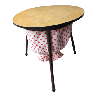 Table travailleuse bois et tissu pieds compas tripode acier vintage