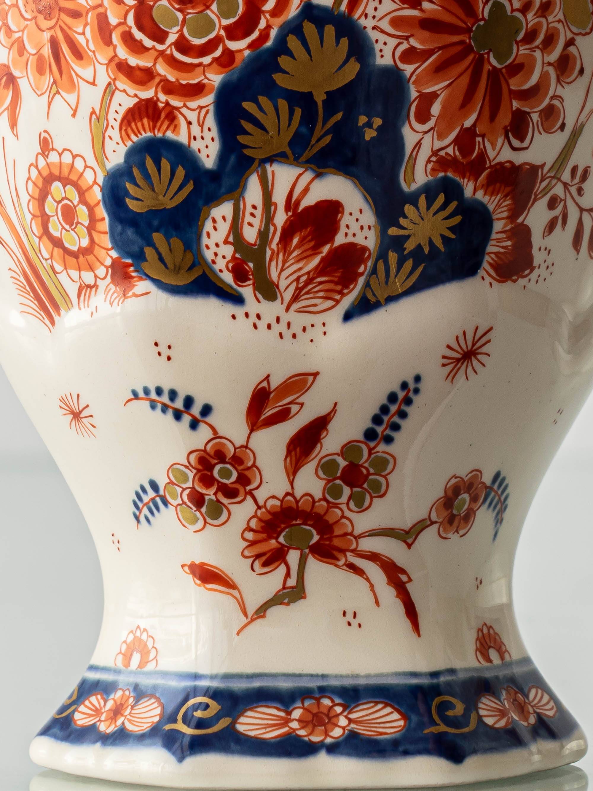 Pair of "Pijnacker" Imari Style Table Lamps from Royal Delft, Hand-Painted with Silk Shades