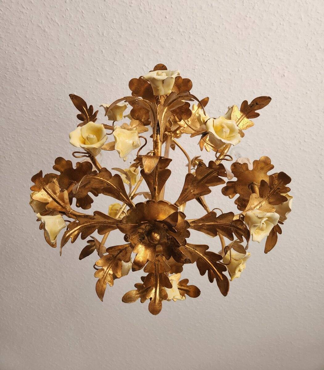 Hollywood Regency Vintage gold plated ceiling lamp porcelain roses Italy